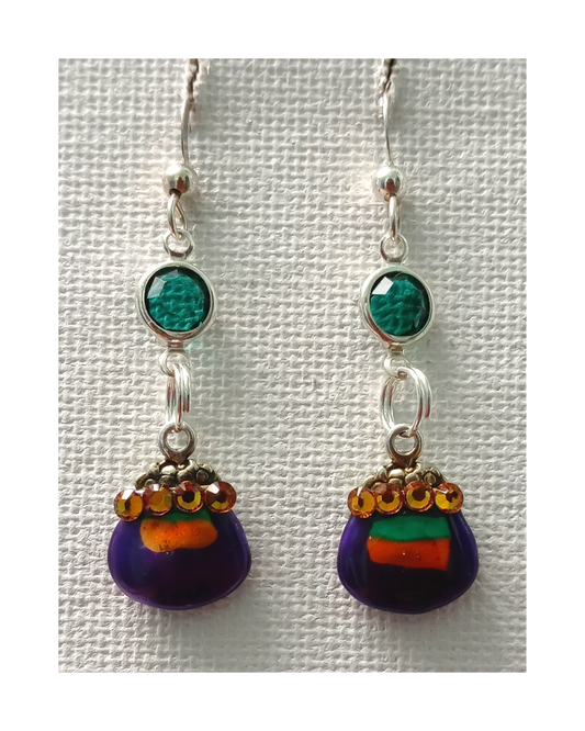 Sterling 3-D 2-sided Hand-enameled Purple, Green, and Gold Leprechaun's Pot of Gold with Swarovski Crystal Sterling Earrings ONE ONLY