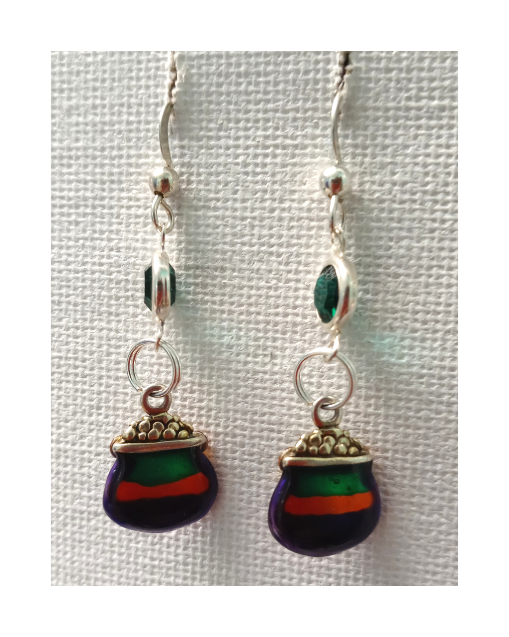 Sterling 3-D 2-sided Hand-enameled Purple, Green, and Gold Leprechaun's Pot of Gold with Swarovski Crystal Sterling Earrings ONE ONLY