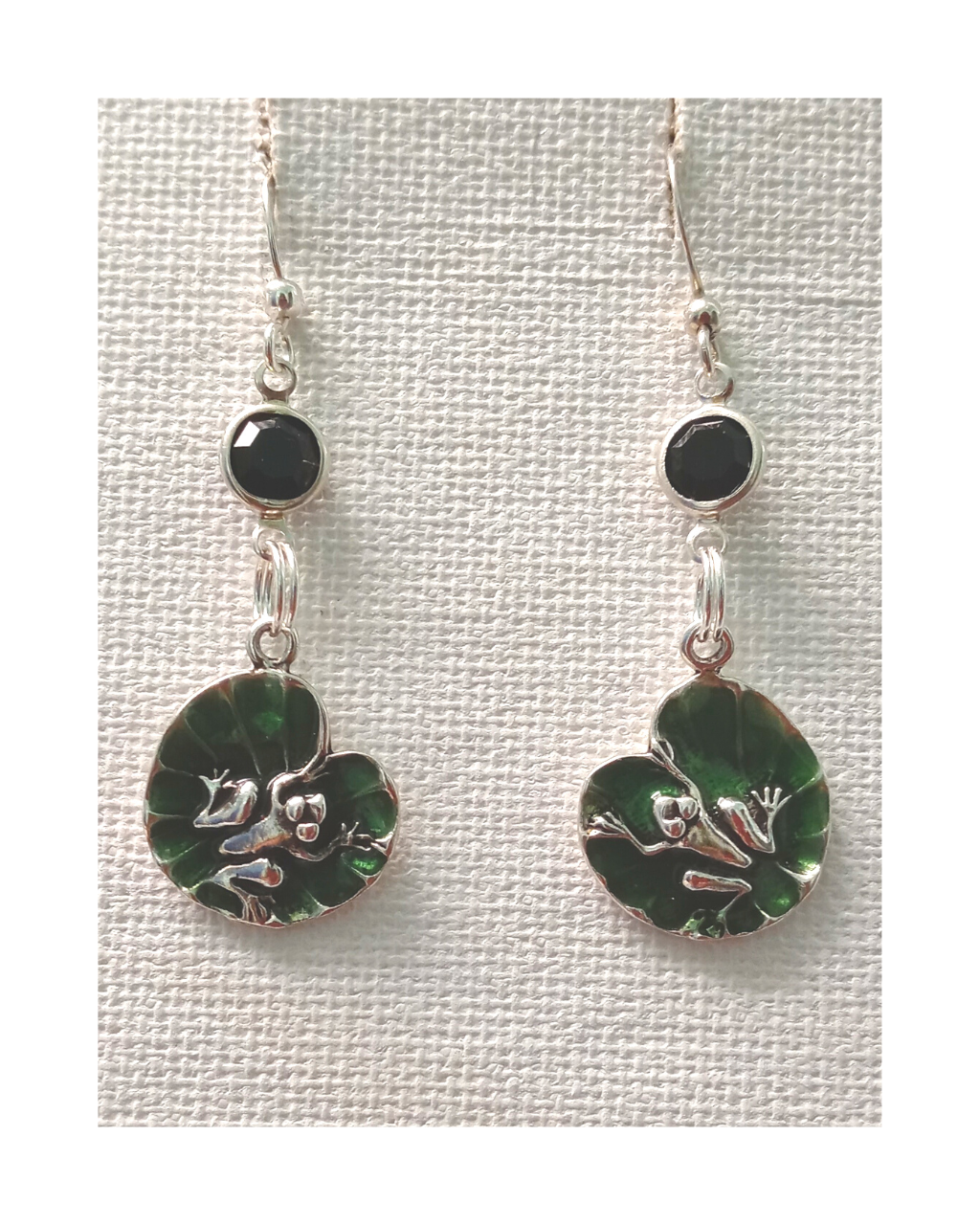 Hand-enameled Frog on Green Lily Pad with Swarovski Crystal Sterling Earrings 2 1/16"L X 11/16"W
