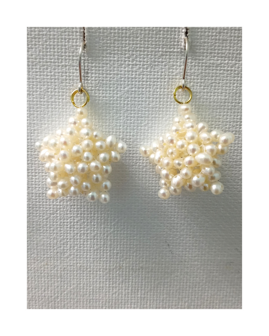 Amazing Luscious Woven White Pearl Star Design with Goldfilled Jump Ring Connected to Sterling Earrings ONE ONLY