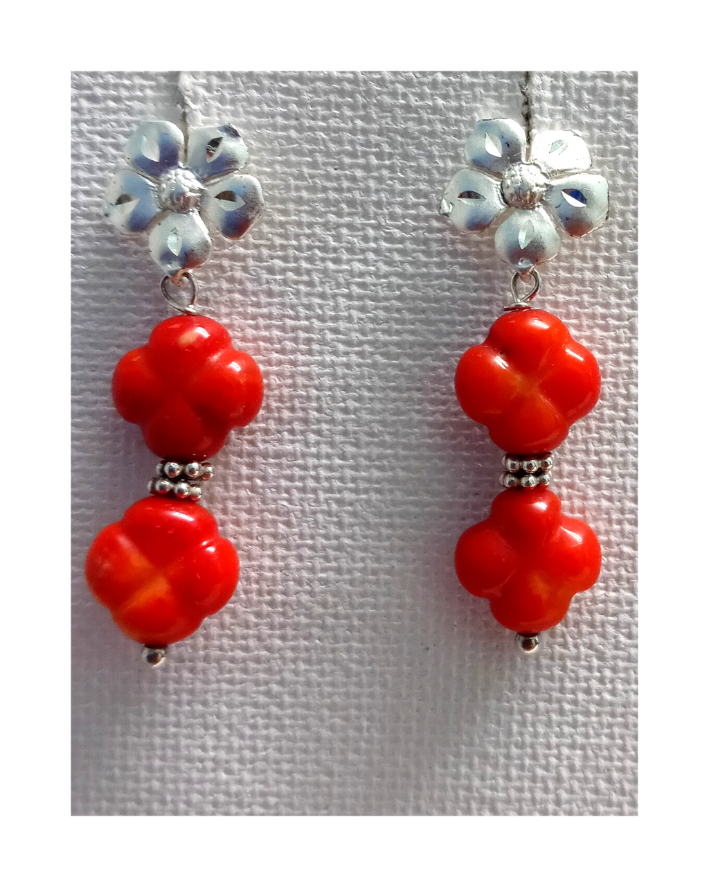 Exclusive Gorgeous Sterling Dogwood Flower Diamond-cut Post Earrings with Carved Red Coral Flowers 1 9/16"L X 7/16"W