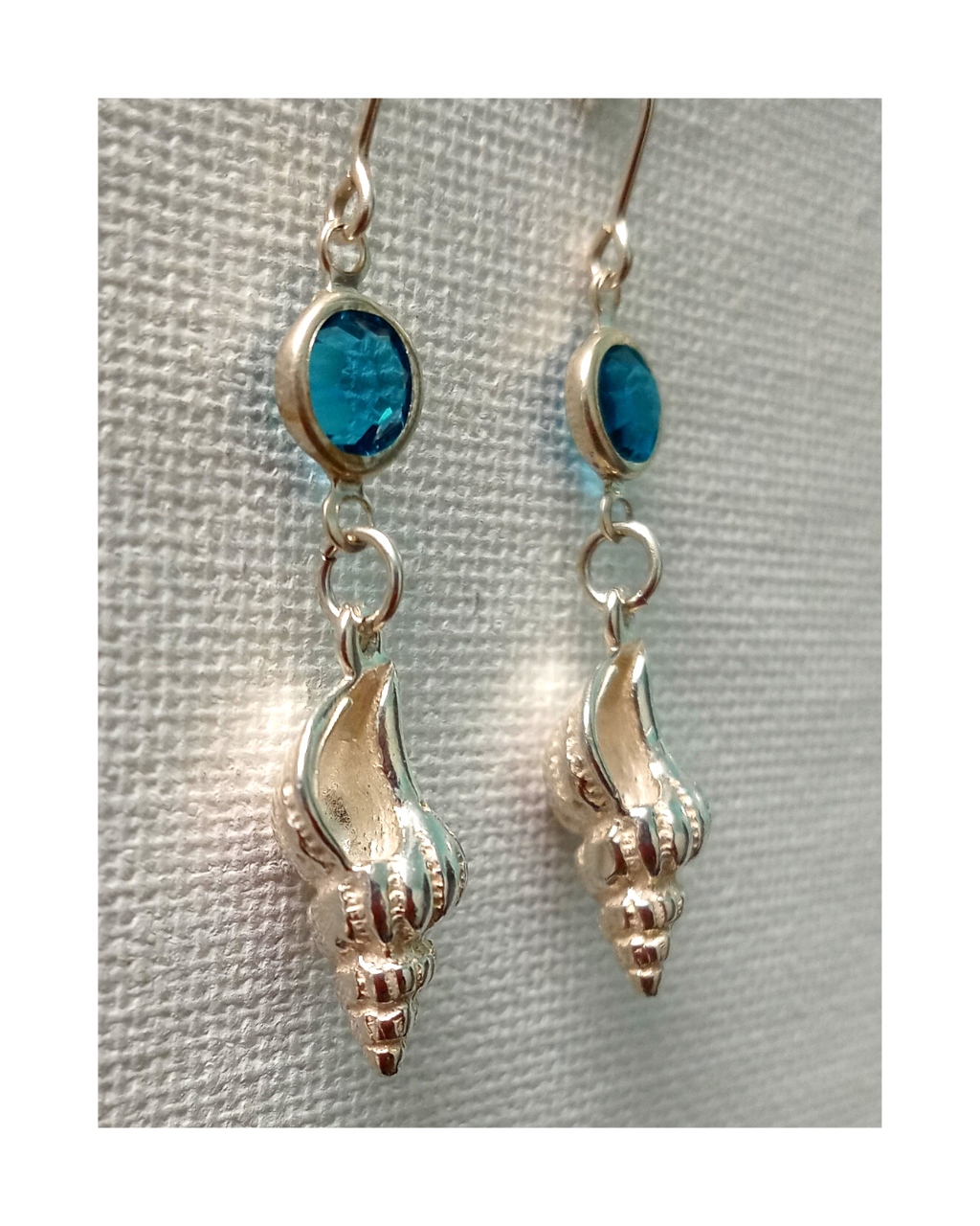 Sterling 3-D Detailed Conch Shell with Swarovski Crystal Earrings 1 7/8"L X 3/8"W