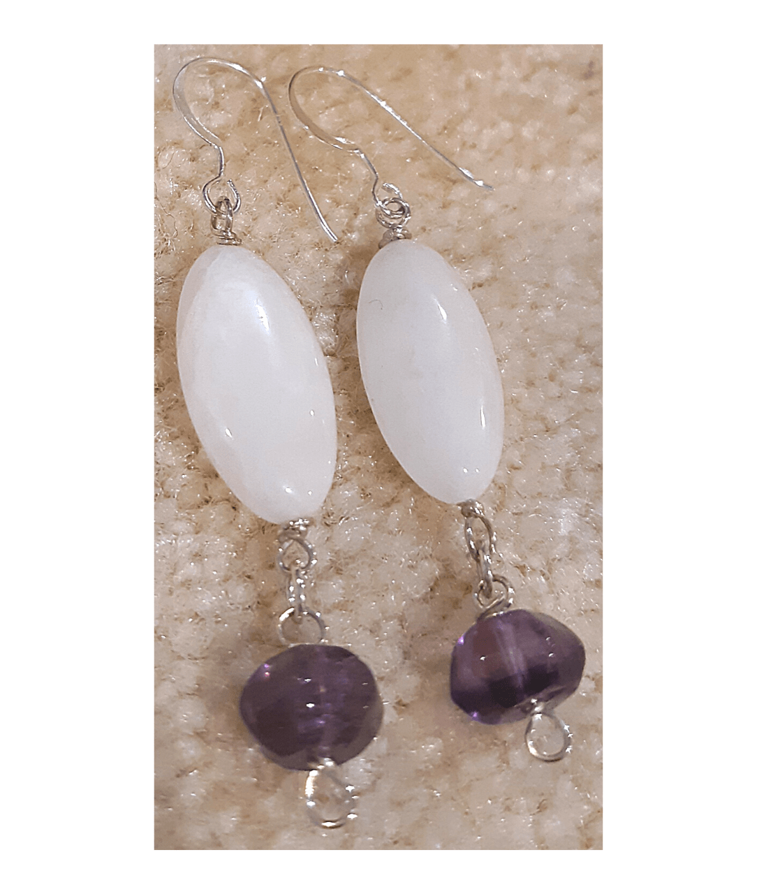 White Agate and Purple Fluorite Sterling Silver Dangle Earrings