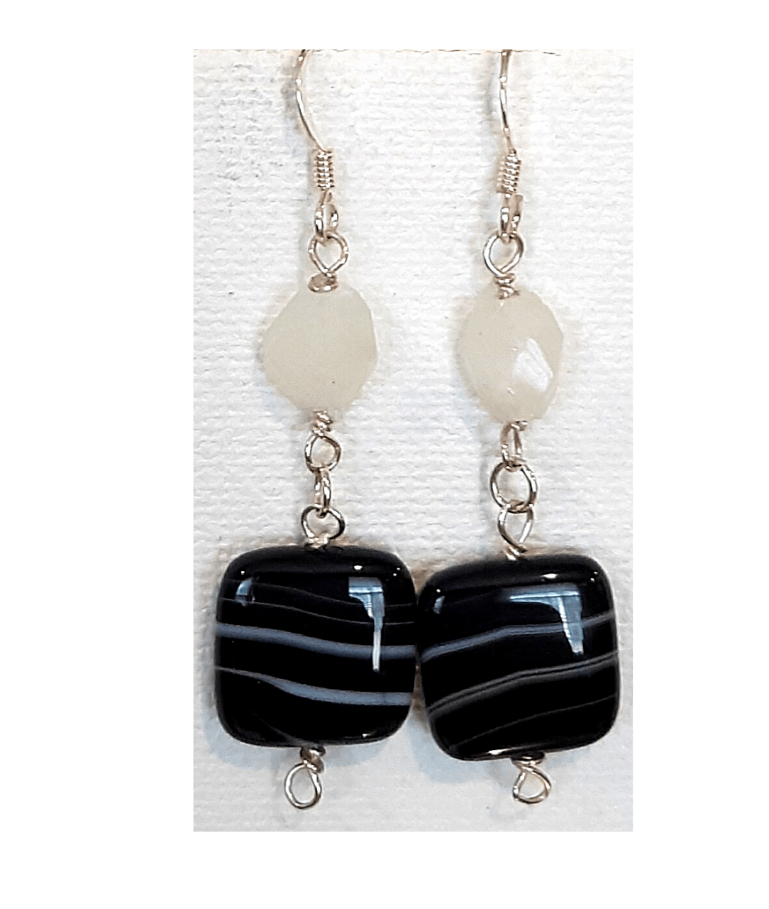 Faceted Rainbow Moonstone and Black Agate and White-Striped Rounded, Polished Agate Sterling Silver Dangle Earrings