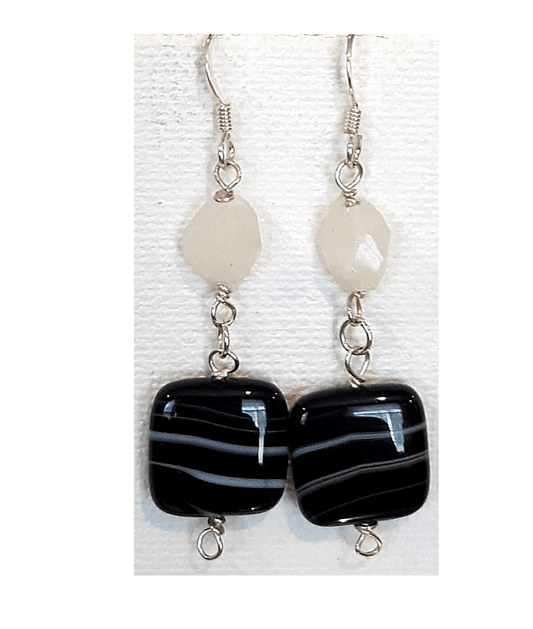 Faceted Rainbow Moonstone and Black Agate and White-Striped Rounded, Polished Agate Sterling Silver Dangle Earrings