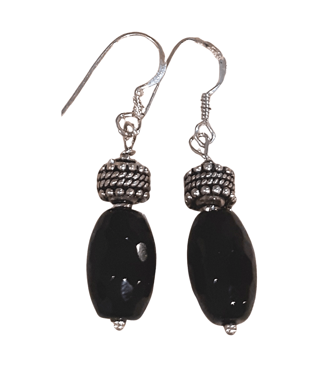 Faceted Black Onyx and Bead Sterling Silver Dangle Earrings Approximately 1 3/4"