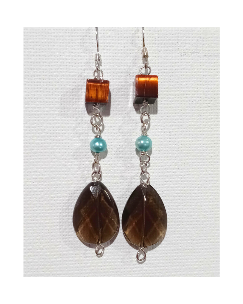 Tiger's Eye, Genuine Green Pearl and Pear-Shaped Smoky Quartz Sterling Silver Dangle Earrings