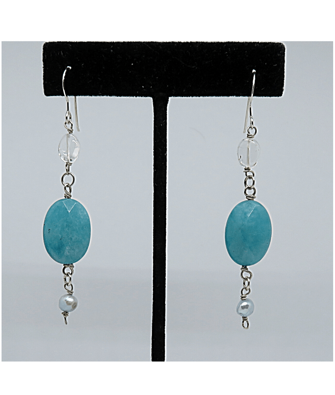 Clear Crystal Quartz, Faceted Dyed Oval Blue Jade and Light Blue Genuine Pearl Sterling Silver Dangle Earrings approx. 2 3/4"
