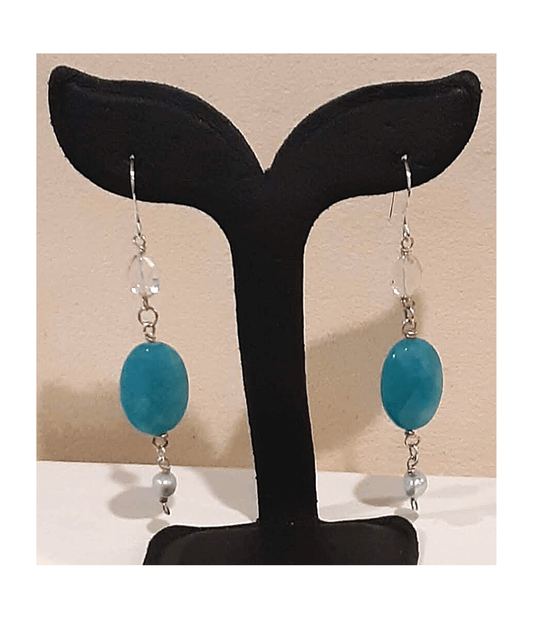 Clear Crystal Quartz, Faceted Dyed Oval Blue Jade and Light Blue Genuine Pearl Sterling Silver Dangle Earrings approx. 2 3/4"