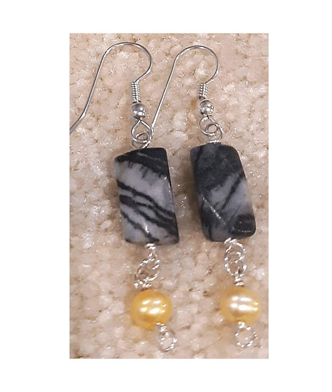 Zebra Stone and Gold-colored Pearl Sterling Silver dangle earrings approx. 2 1/8"