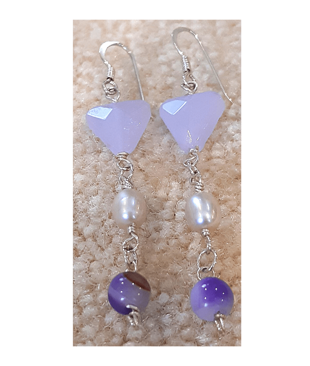 Lavender Trillion-cut Faceted Chalcedony, Pearl, and Purple Agate Sterling Silver Dangle Earrings 2 3/8"