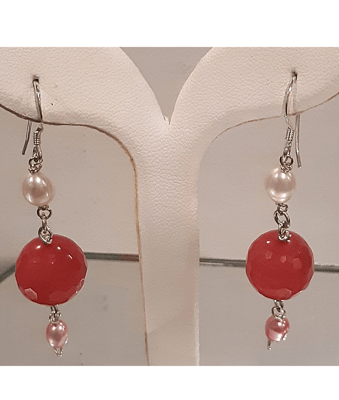 White and Pink Pearls with Large Faceted Dyed Pink Jade Drop Sterling Silver Earrings 2 5/8"