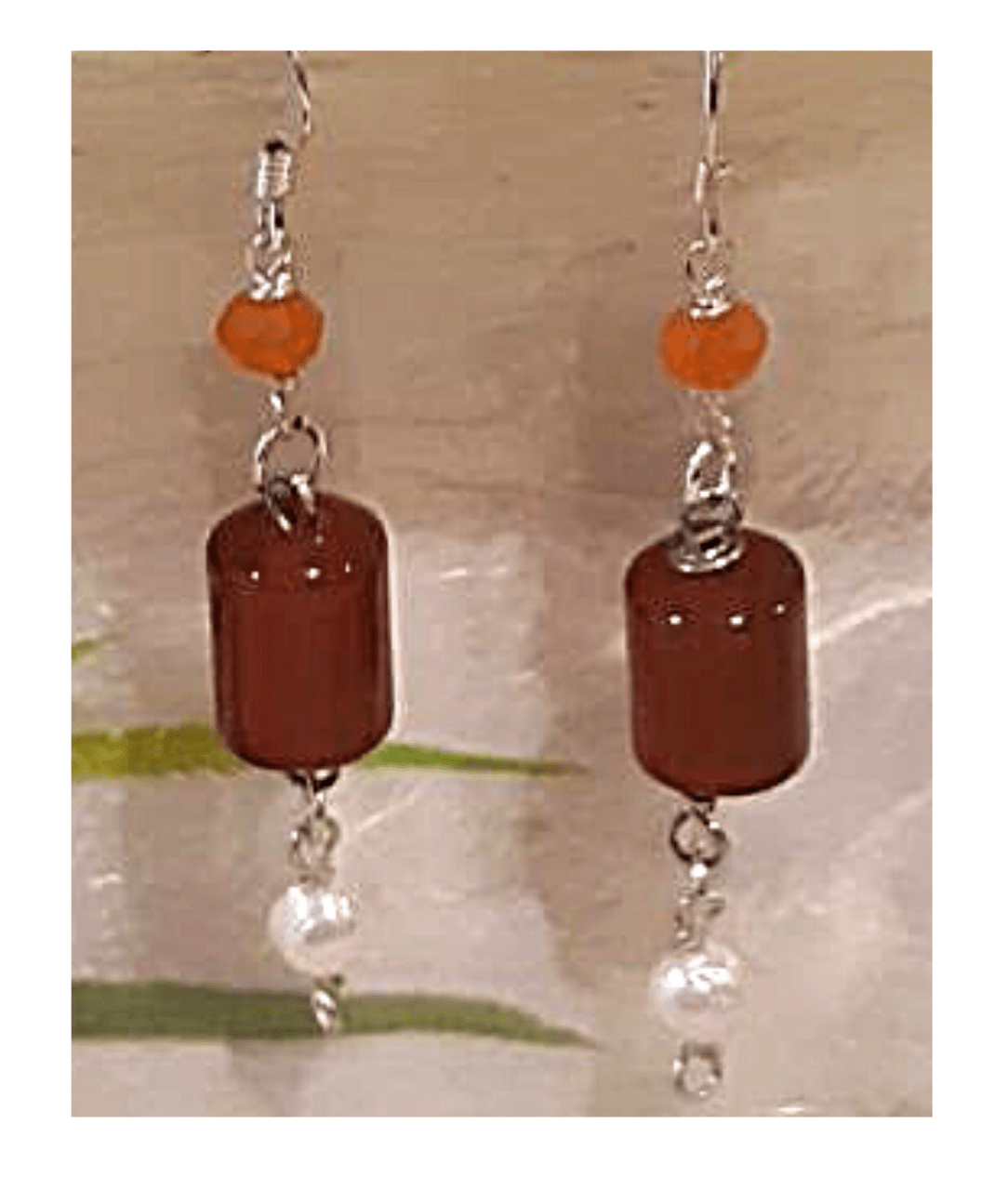 Faceted Carnelian, Red Agate, and White Pearl Sterling Silver Dangle Earrings approx. 2 5/16"