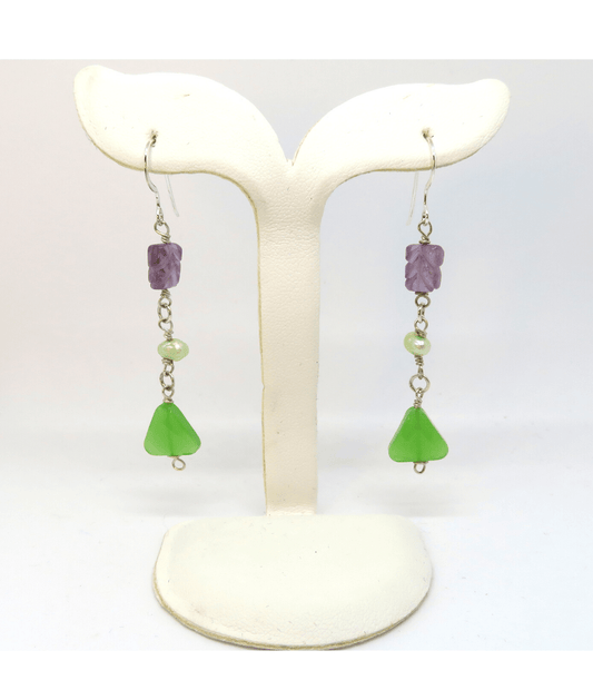 Sterling Carved Amethyst, Light Green Faceted Pearl, and Apple Green Faceted Trillion Chalcedony Dangle Earrings Approx. 2 1/2"