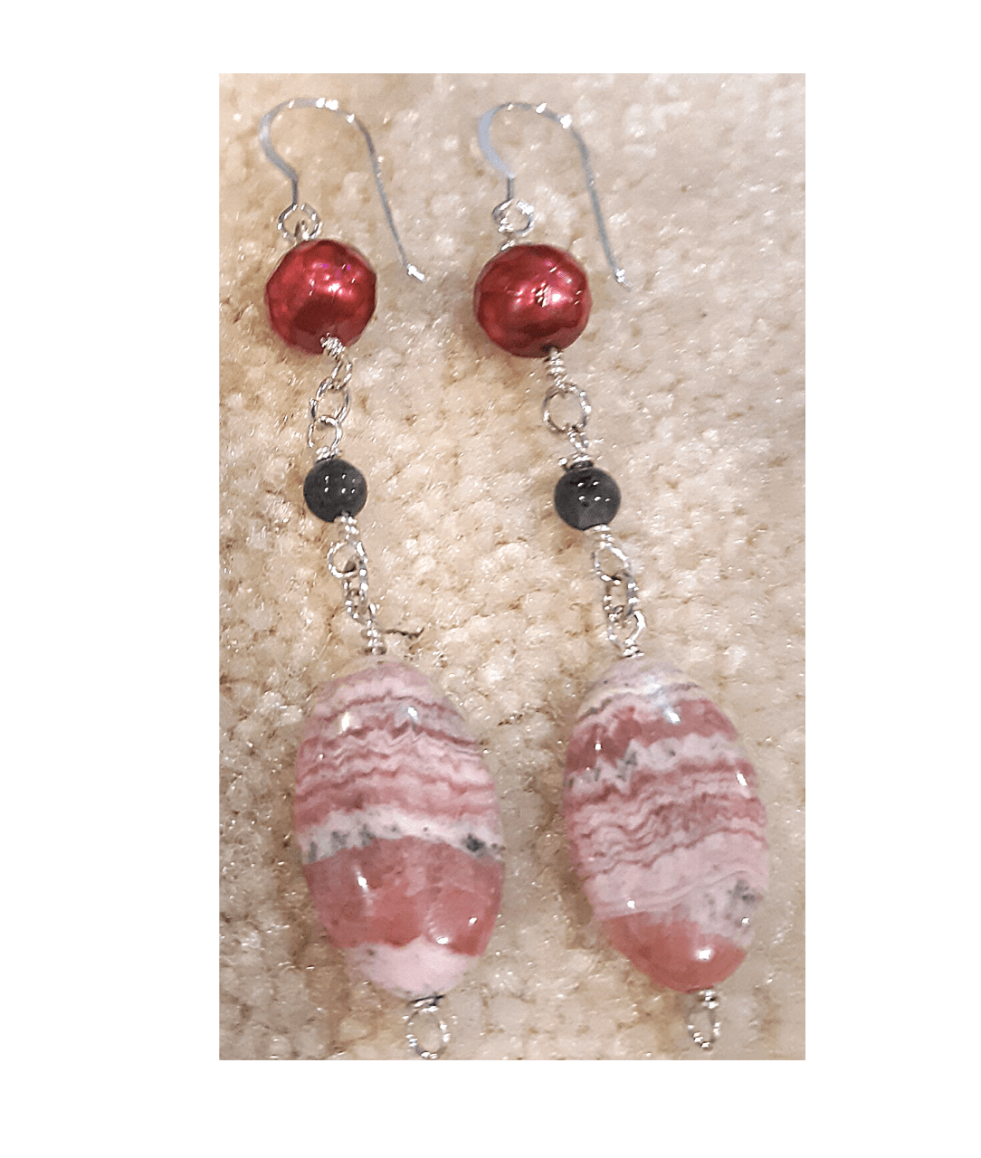 Faceted Maroon Pearl, Obsidian, and Rhodochrosite Sterling Silver Dangle Earrings Approx. 3"