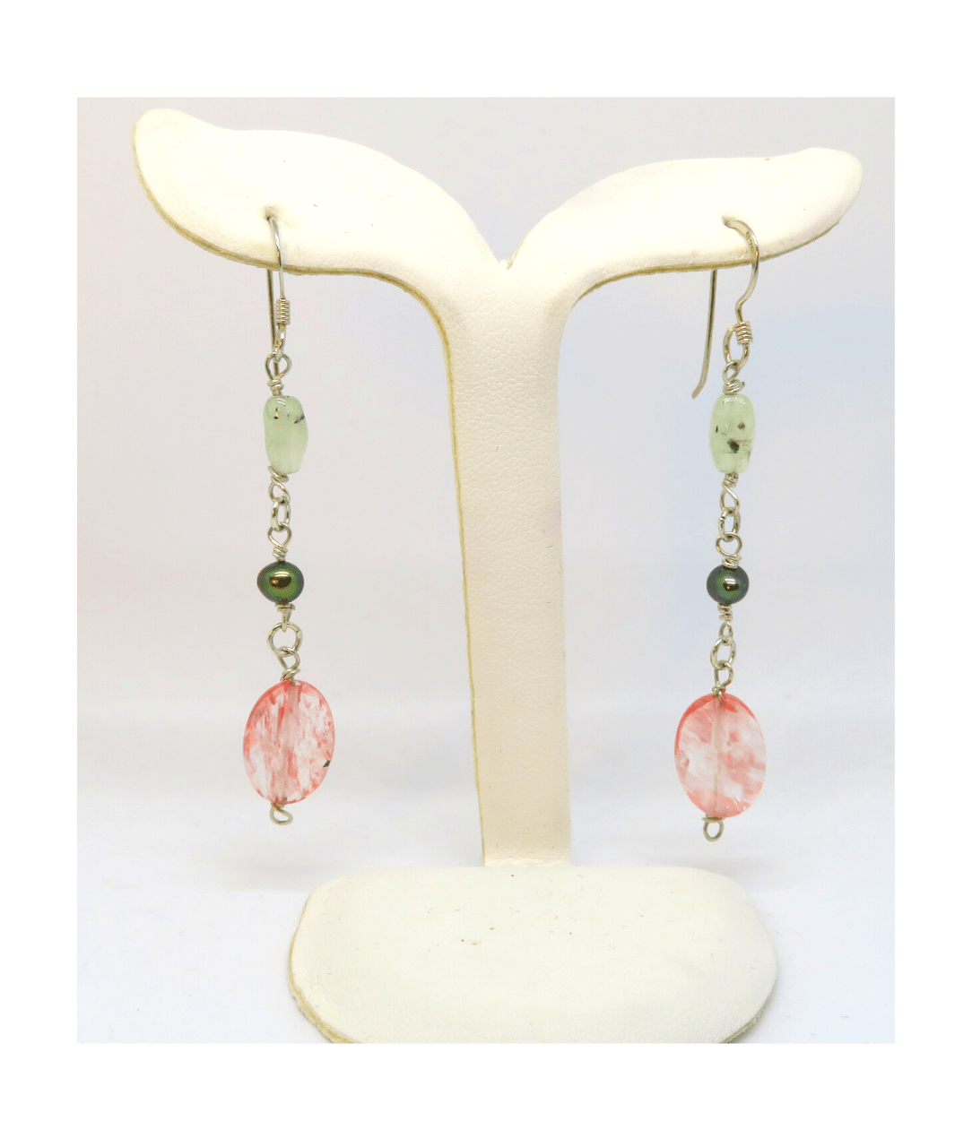 Prehnite, Metallic Green Pearl, and Oval Faceted Cherry Quartz Sterling Silver Dangle Earrings Approx. 2 3/4"
