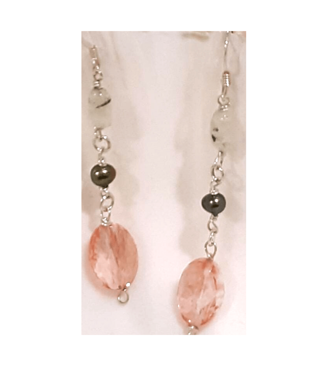 Prehnite, Metallic Green Pearl, and Oval Faceted Cherry Quartz Sterling Silver Dangle Earrings Approx. 2 3/4"