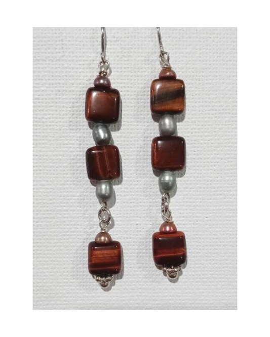 Maroon and Green Pearls and Dyed Red Tiger's Eye Square Sterling Silver Dangle Earrings Approx. 2 5/8"