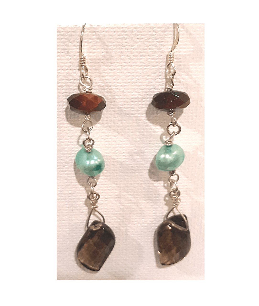 Faceted Tiger's Eye, Sea Green Pearl, and Unique Faceted Cut on Smoky Quartz Sterling Silver Dangle Earrings Approx. 2 3/4"