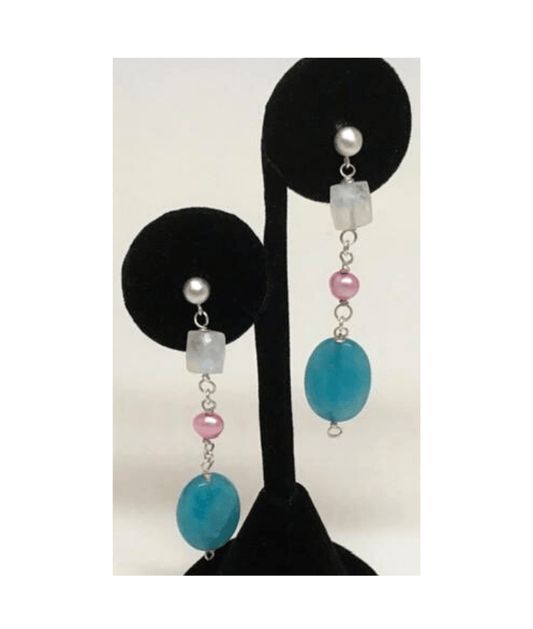 Rainbow Moonstone, Pink Pearl, Blue Faceted Jade Sterling Silver Posts ONE ONLY