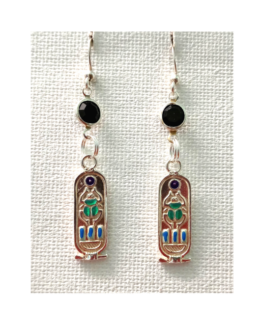Exclusive Hand-enameled Green Egyptian Scarab Cartouche Design with Swarovski Crystal Sterling Earrings