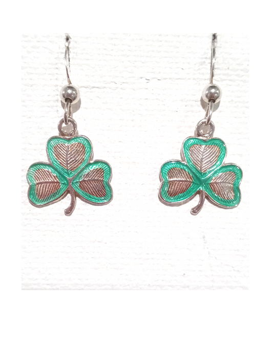 Hand-enameled Green Outline on Shamrock Sterling Earrings 1 1/8"L X 9/16"W