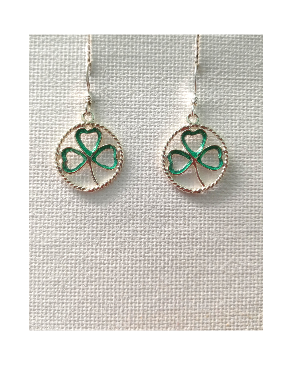 Hand-enameled Green Shamrock in Circle Sterling Earrings