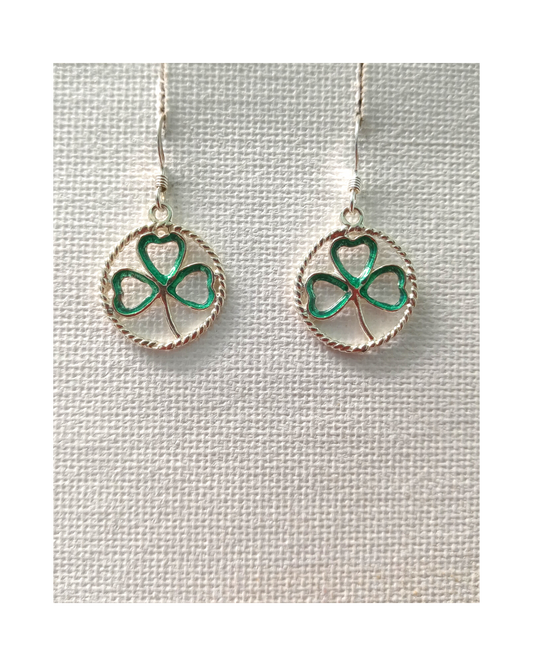 Hand-enameled Green Shamrock in Circle Sterling Earrings