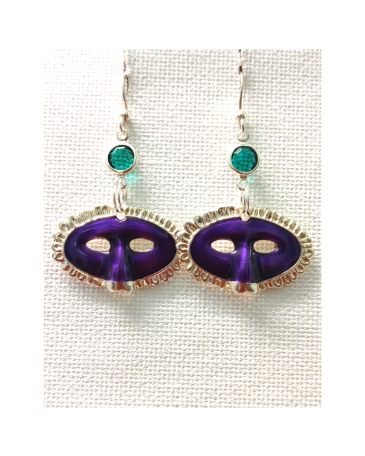 Mardi Gras Purple Hand-enameled Mask with Swarovski Green Crystals Sterling Earrings 1 15/16"L X 1 1/8"W ONE ONLY