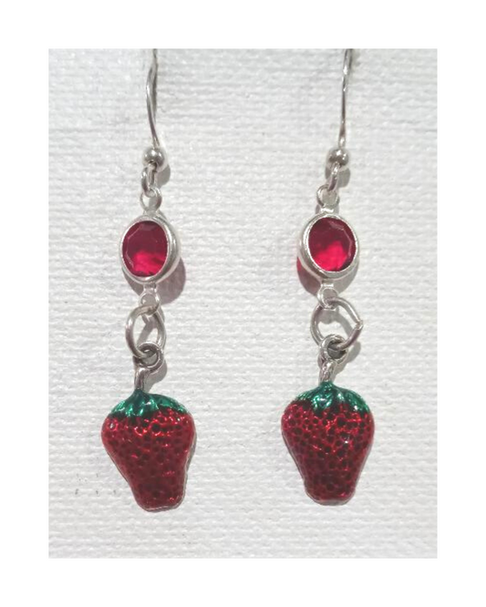 Exclusive Hand-enameled Sterling Strawberry with Red Swarovski Crystal Earrings