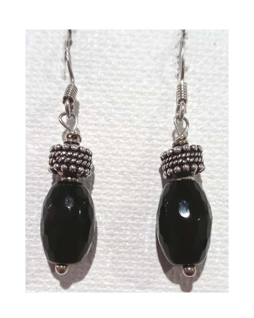 Faceted Black Onyx and Bead Sterling Silver Dangle Earrings Approximately 1 3/4"