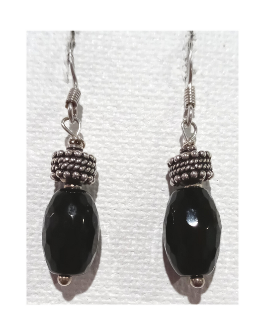 Faceted Black Onyx and Bead Sterling Silver Dangle Earrings Approximately 1 3/4"