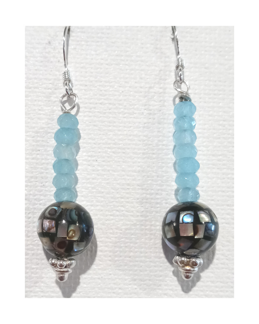 Blue Faceted Agate and Inlaid Abalone Shell Sterling Earrings 2" ONE ONLY