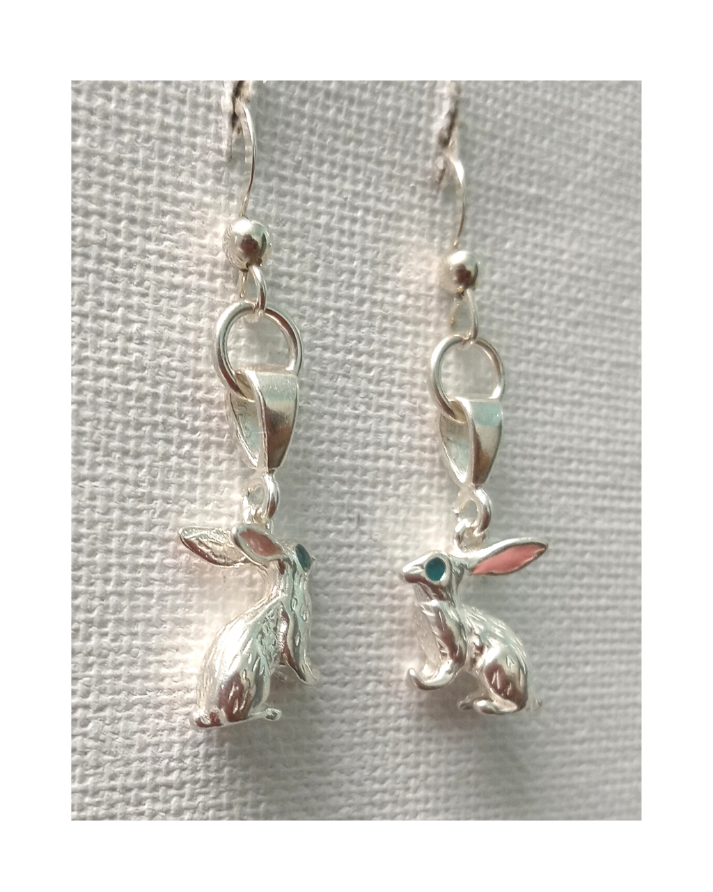 Exclusive Sterling 3-D 2-sided Hand-enameled Easter Bunny with Blue Eyes and Cute Pink Ears Earrings