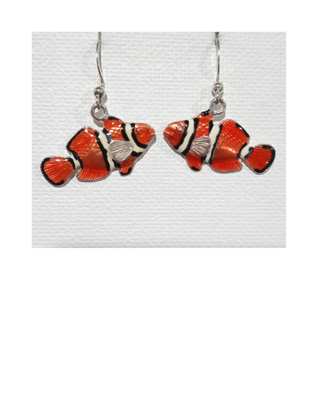 Exclusive Sterling Wearable Art Hand-enameled Tropical Clownfish Earrings 1 3/16"H X 1 1/16"W