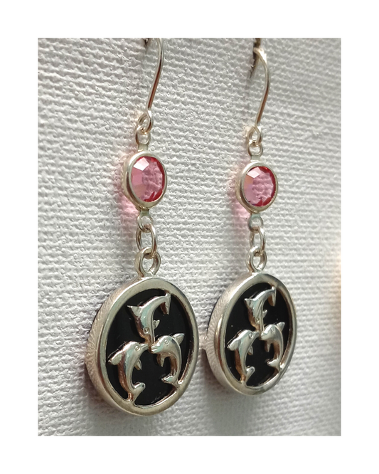 Sterling Black Onyx Circle with Dancing Dolphins Overlay and Swarovski Crystal Earrings
