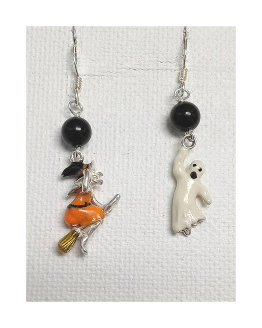 Halloween Witch and Ghost 3-D Hand-enameled with Black Onyx Sterling Silver Earrings