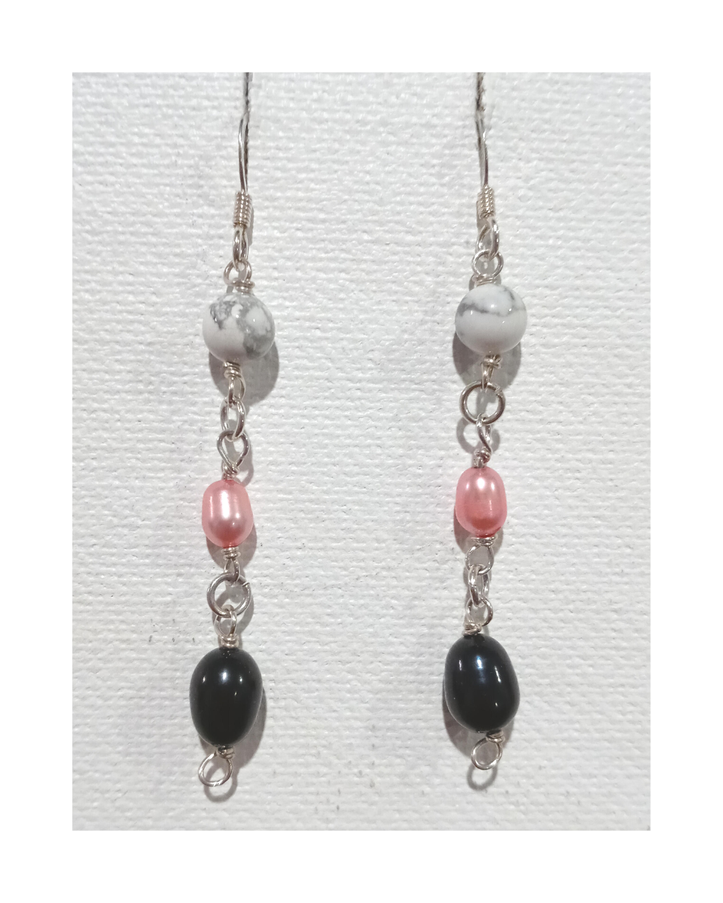 Howlite, Genuine Pink and Black Pearl Sterling Silver Dangle Earrings 2 1/4"