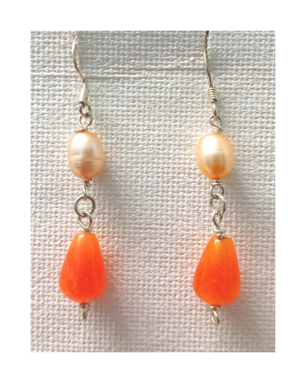 Sand-color Pearl and Bright Orange Carnelian Teardrop Sterling Silver Dangle Earrings