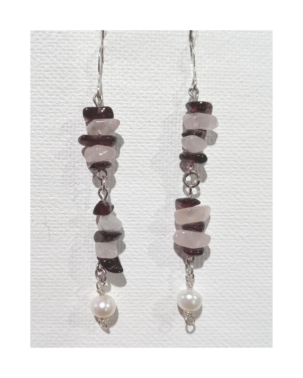 Garnet, Rose Quartz with Genuine Pearl Sterling Silver Dangle Earrings Approx. 2 3/4"