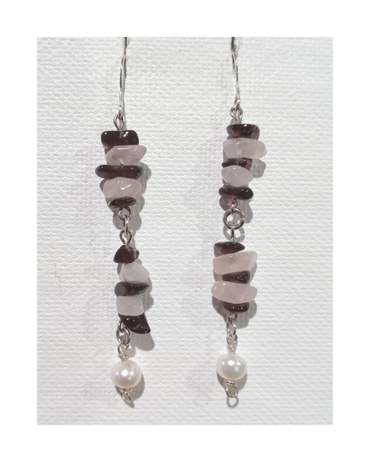 Garnet, Rose Quartz with Genuine Pearl Sterling Silver Dangle Earrings Approx. 2 3/4"