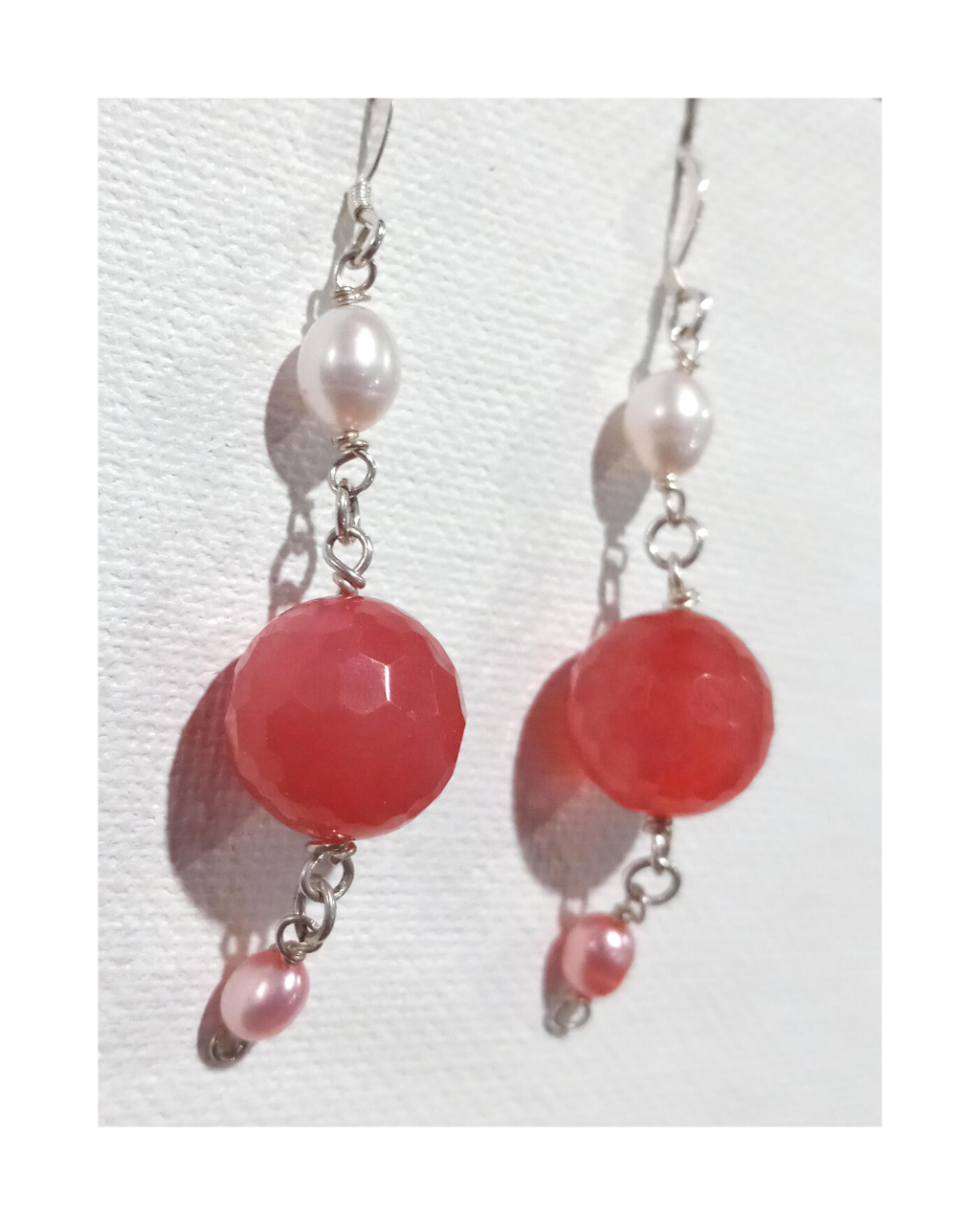 White and Pink Pearls with Large Faceted Dyed Pink Jade Drop Sterling Silver Earrings 2 5/8"
