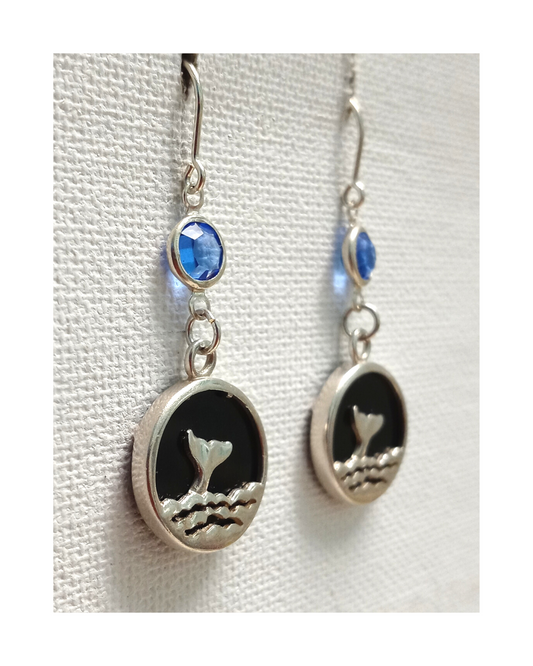 Sterling Black Onyx Circle with Whale Tail in Waves Overlay and Swarovski Crystal Earrings