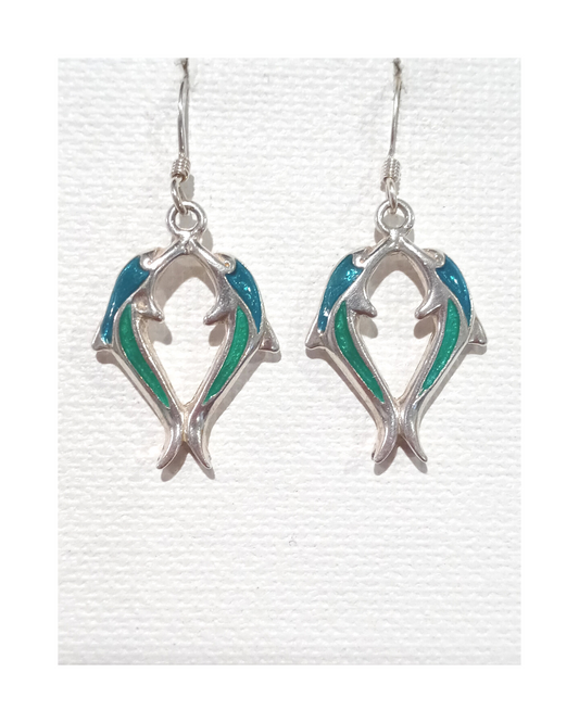 Exclusive Sterling Wearable Art Hand-enameled Kissing Dolphins Earrings 1 1/2"H X 3/4"W