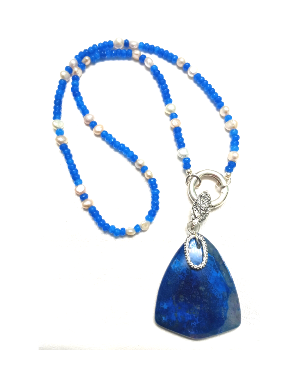 Interchangeable Blue Agate and Pearl Necklace with Removable Large Extraordinary Blue Agate Enhancer Pendant. ONE ONLY