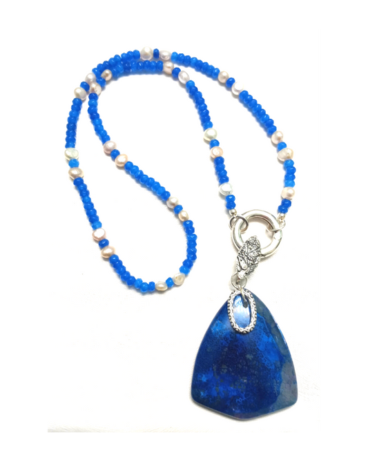 Interchangeable Blue Agate and Pearl Necklace with Removable Large Extraordinary Blue Agate Enhancer Pendant. ONE ONLY
