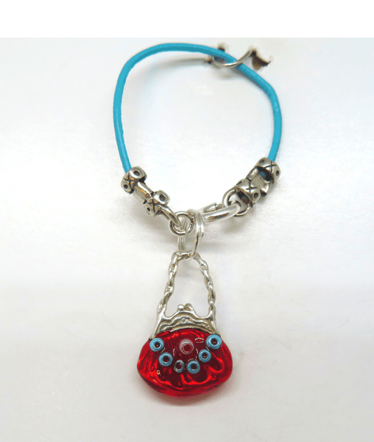 Purse 3-D Two-sided Hand-enameled with Seed Beads Removable Sterling Charm on Leather KooLoop 1 15/16", Removable Charm is 3/4"