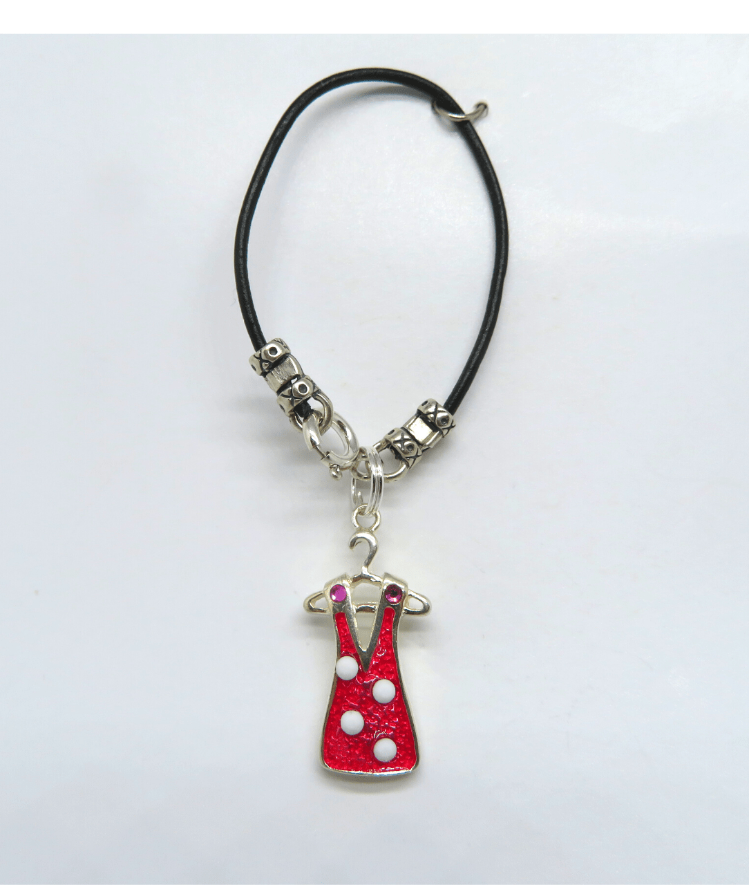 Red Dress Hand-enameled with Polka Dot Swarovski Crystals Removable Sterling Charm on Leather KooLoop 2 5/8", Removable Charm is 1 1/16"