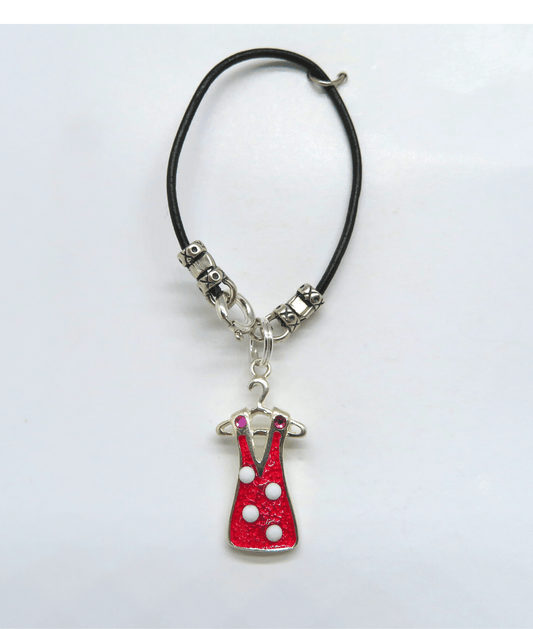 Red Dress Hand-enameled with Polka Dot Swarovski Crystals Removable Sterling Charm on Leather KooLoop 2 5/8", Removable Charm is 1 1/16"
