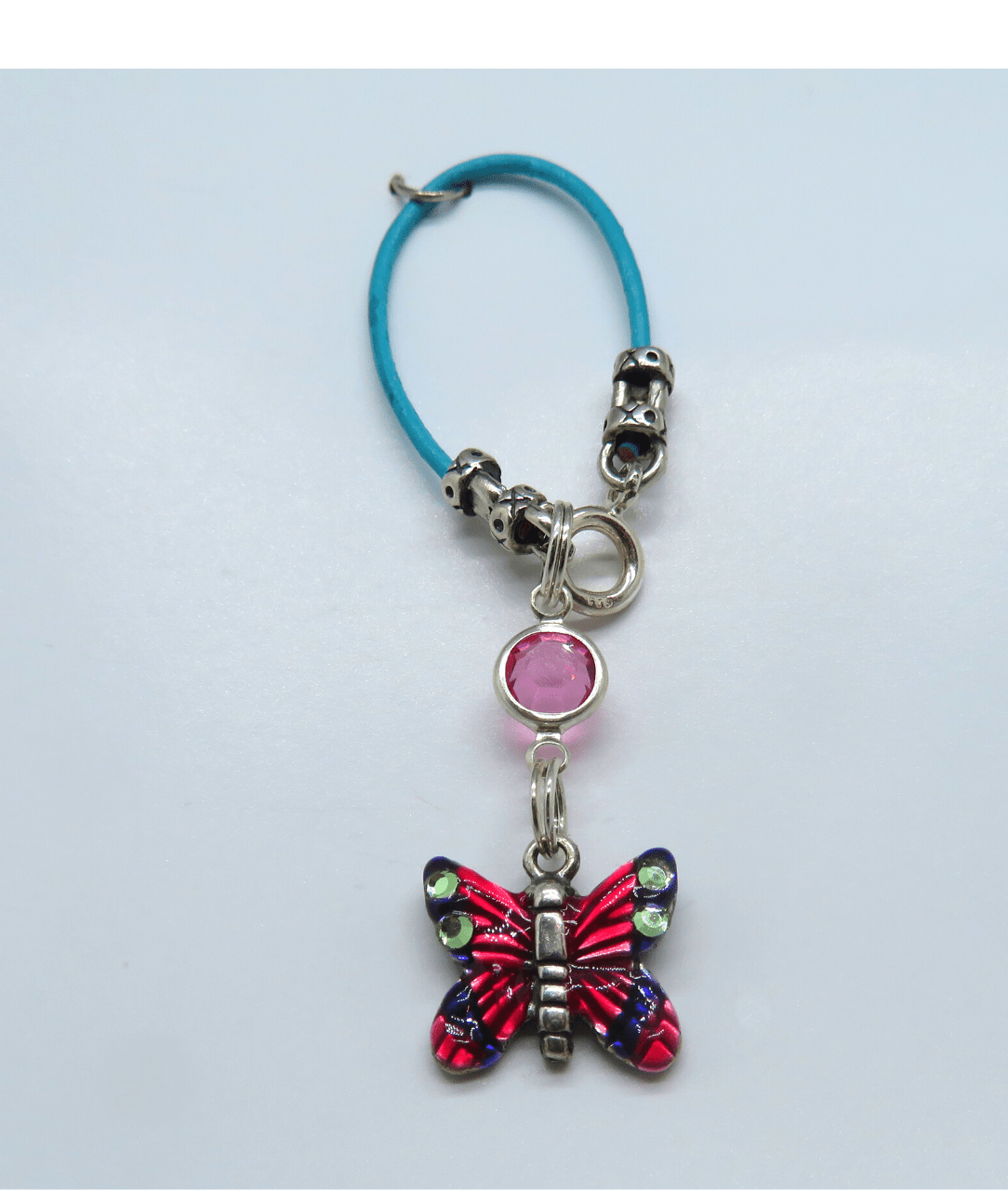 Small Butterfly Sterling Hand-enameled with Swarovski Crystal Removable Charm on Leather KooLoop 2 1/2", Removable Charm is 1 1/4"